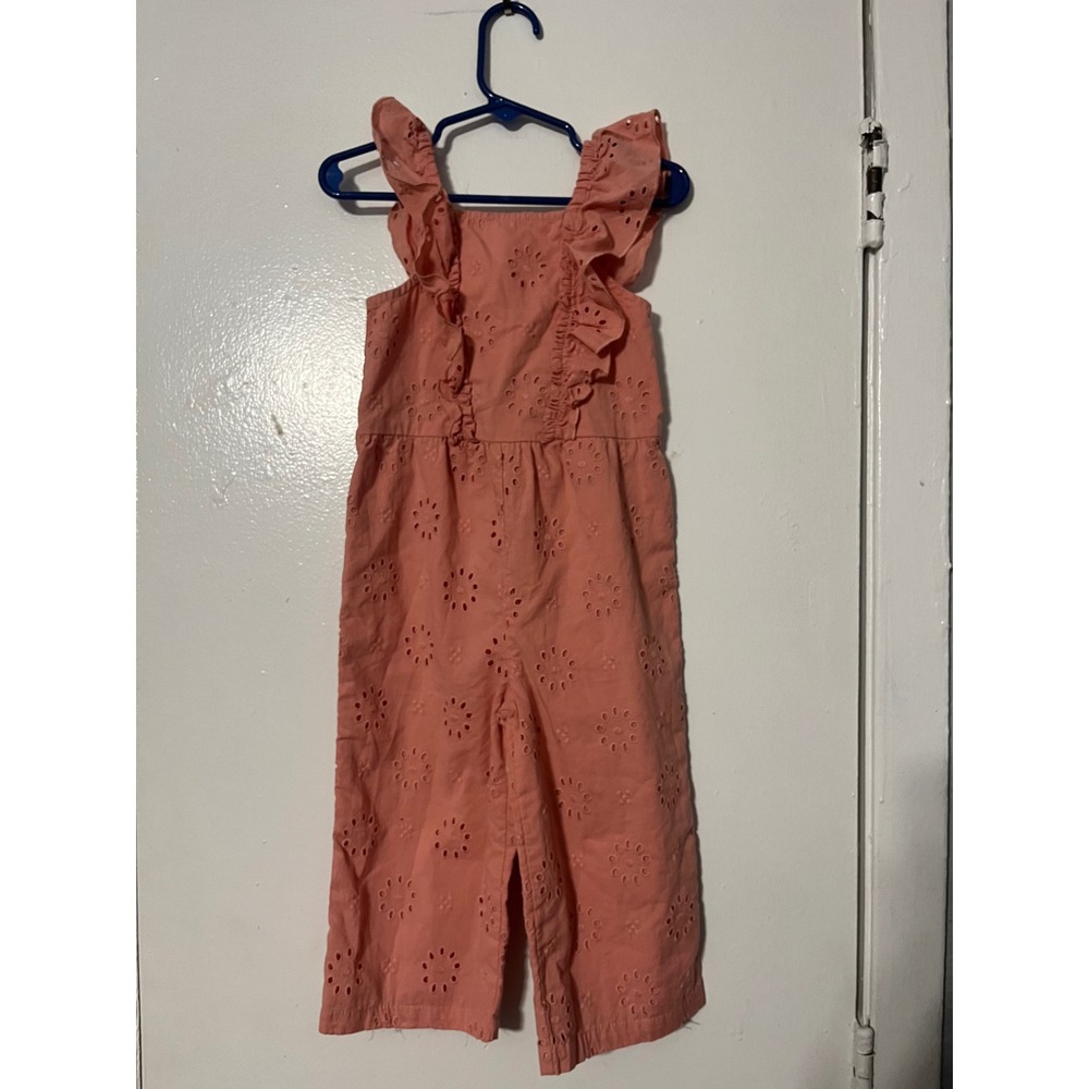 Carters Toddler Girls Coral Pink Eyelet Ruffle Jumpsuit Size 3T Wide Leg Cotton